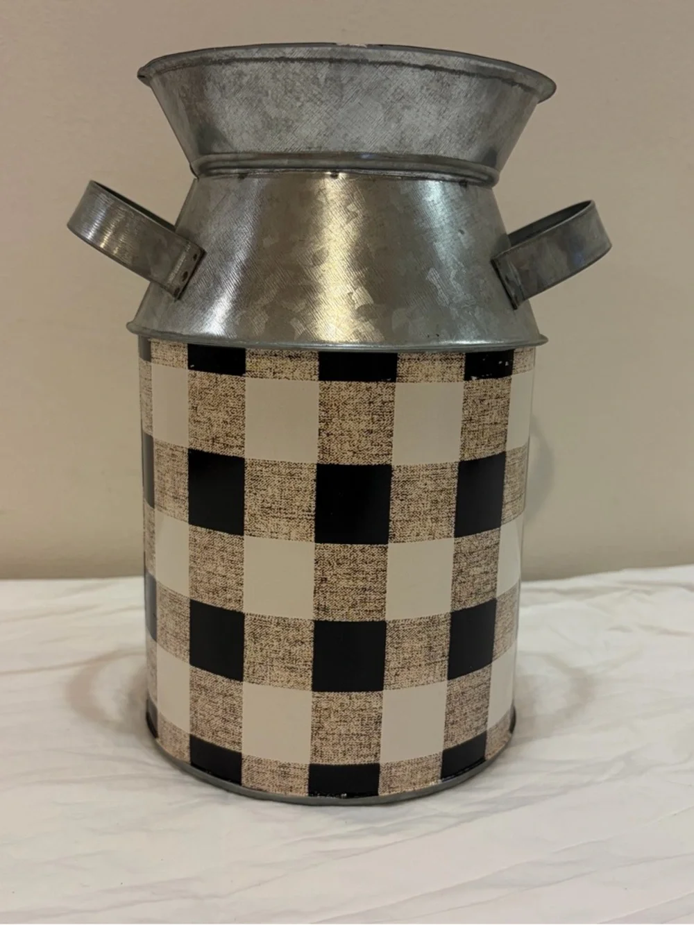 NWT CWI Collection Black and White Buffalo Check Metal Milk Can Vase